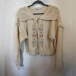 Zara Floral Embroidered Button Cream Cardigan Large L